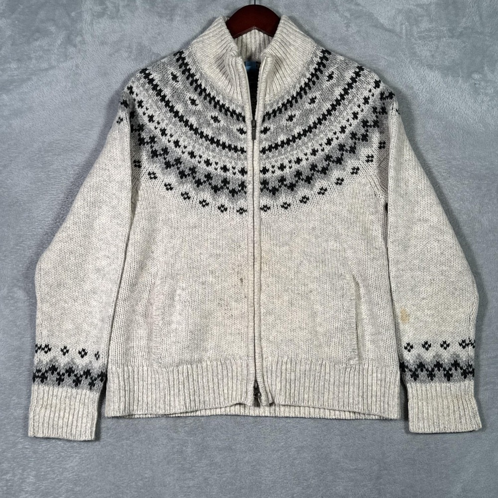 LL Bean Sweater Mens M (Fits S) Gray Wool Full Zip Fair Isle Mock Neck *FLAW